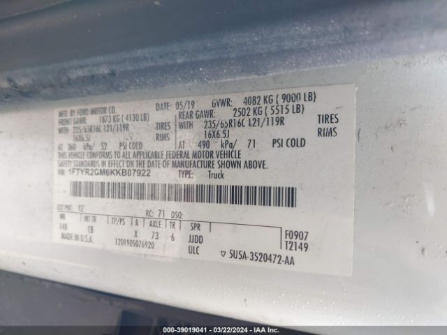 1FTYR2CM6KKB07922 Ford Transit-250