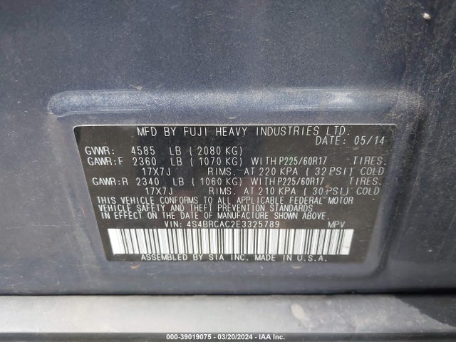 Subaru Outback 2.5i 2014 4S4BRCAC2E3325789 Image 9