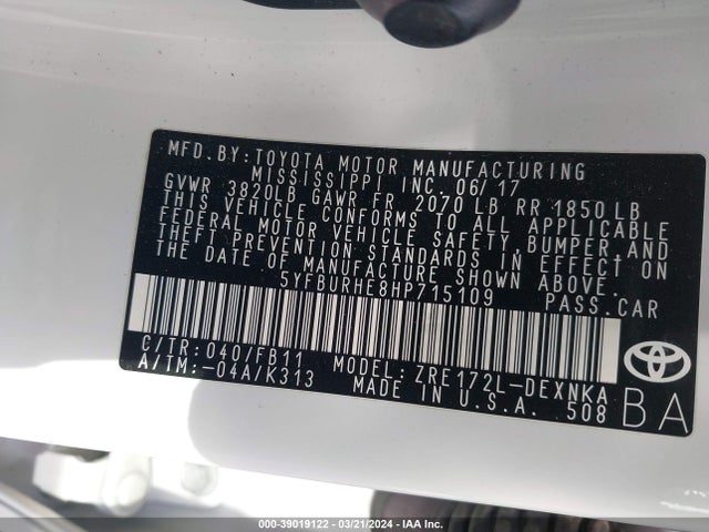 Toyota COROLLA LE 2017 5YFBURHE8HP715109 Image 9