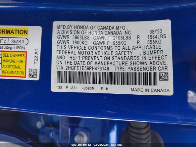 2HGFE1E59PH476146 Honda CIVIC SI SEDAN