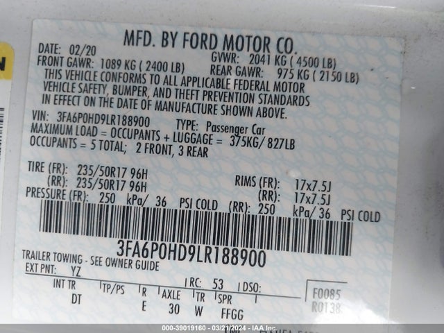 Ford FUSION SE 2020 3FA6P0HD9LR188900 Image 9