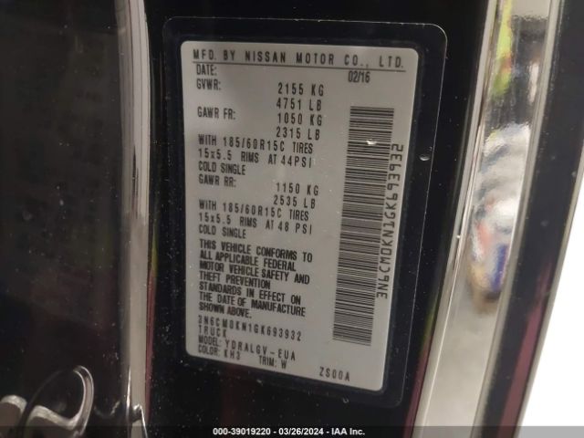 3N6CM0KN1GK693932 Nissan NV200 SV