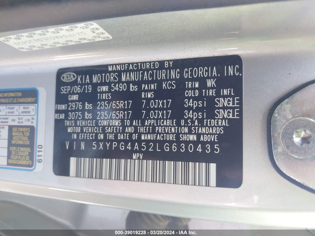 KIA Sorento 3.3l Lx 2020 5XYPG4A52LG630435 Image 9