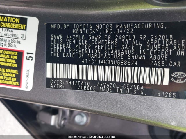 Toyota CAMRY LE 2022 4T1C11AK8NU688874 Image 9