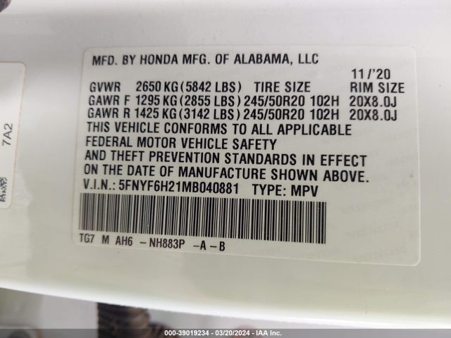 Honda Pilot Awd Special Edition 2021 5FNYF6H21MB040881 Image 9