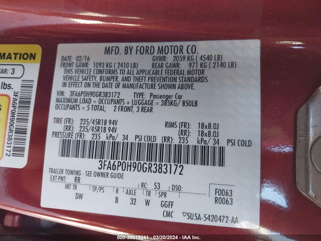 Ford FUSION SE 2016 3FA6P0H90GR383172 Image 9