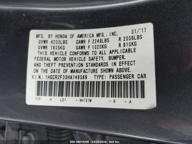 Honda ACCORD LX 2017 1HGCR2F35HA149589 Image 9