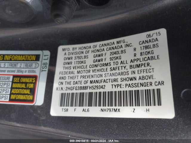 Honda CIVIC EX 2015 2HGFG3B88FH529342 Image 9
