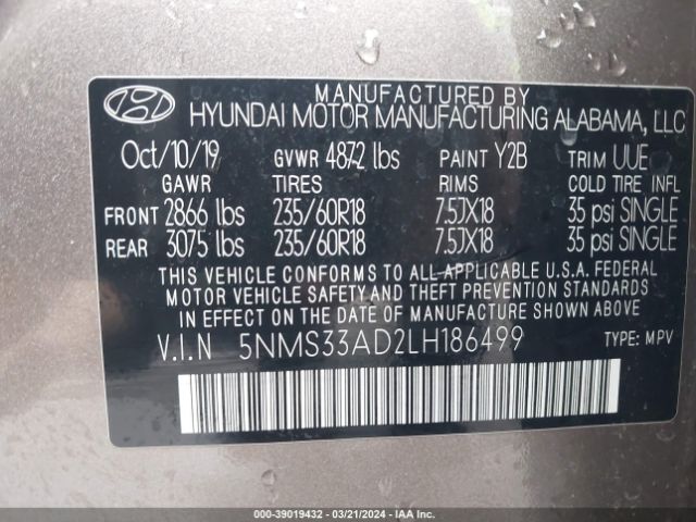 5NMS33AD2LH186499 Hyundai Santa Fe Sel