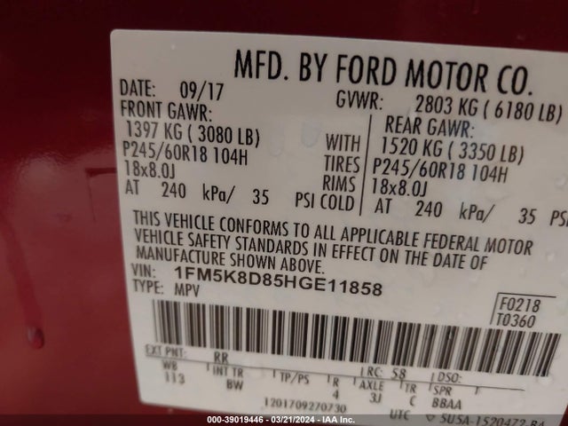Ford EXPLORER XLT 2017 1FM5K8D85HGE11858 Image 9
