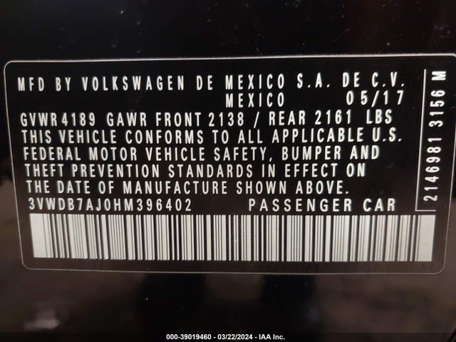 3VWDB7AJ0HM396402 Volkswagen Jetta 1.4t Se