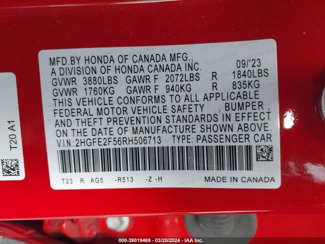 Honda Civic Sport 2024 2HGFE2F56RH506713 Image 9