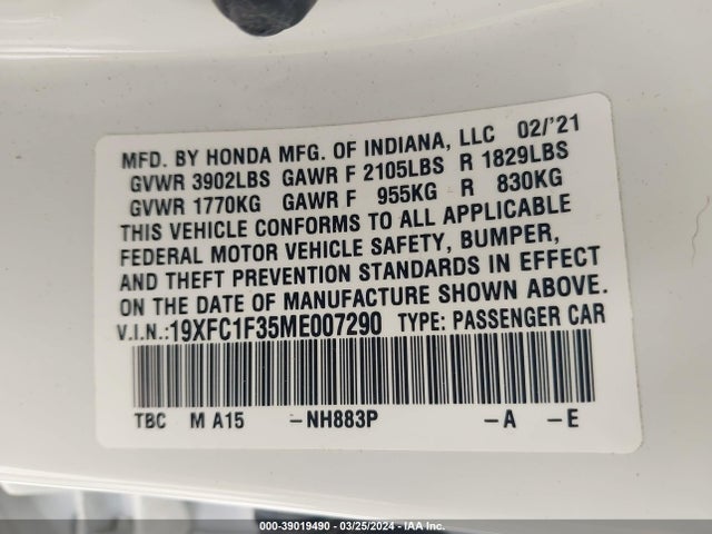 Honda CIVIC EX 2021 19XFC1F35ME007290 Image 9