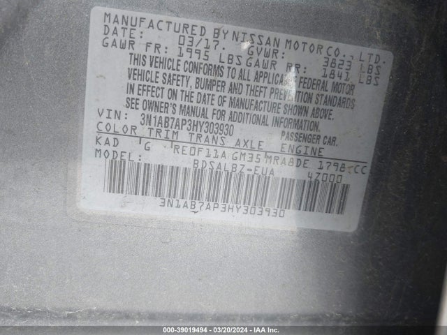 Nissan SENTRA S 2017 3N1AB7AP3HY303930 Image 9