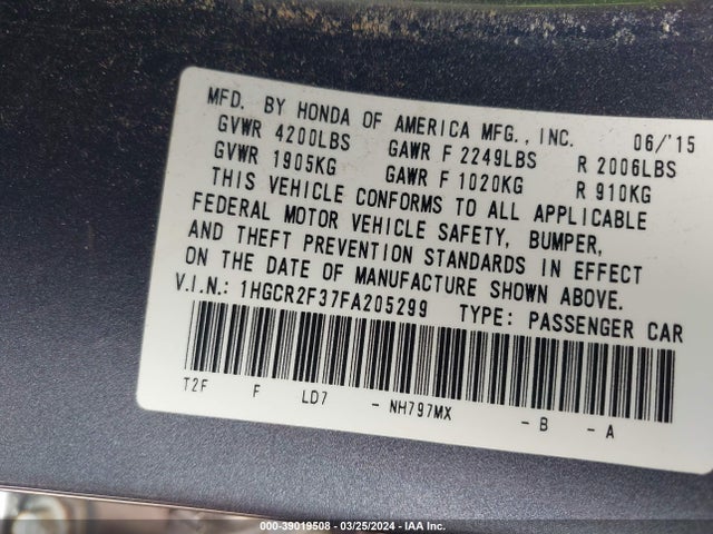 Honda ACCORD LX 2015 1HGCR2F37FA205299 Image 9