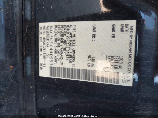 Nissan Altima 2.5 S 2015 1N4AL3AP2FC440551 Image 9