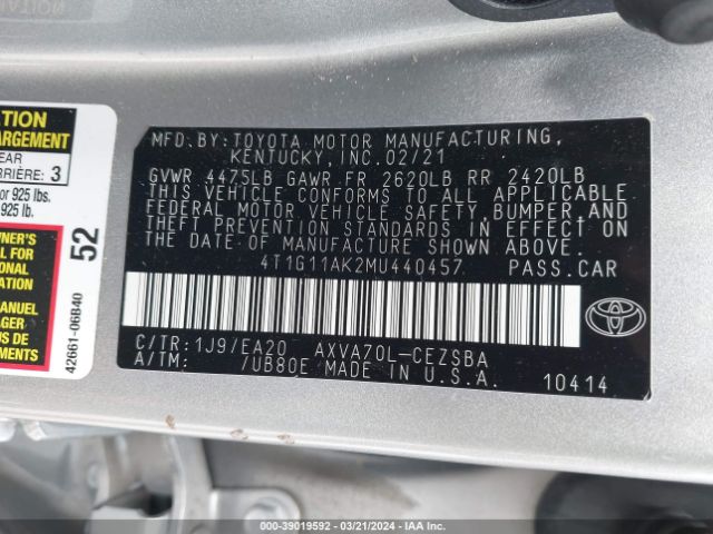 4T1G11AK2MU440457 Toyota CAMRY SE