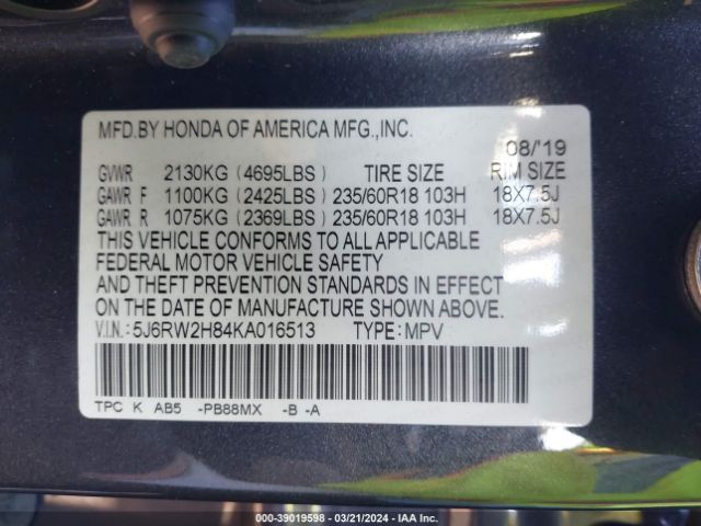 5J6RW2H84KA016513 Honda Cr-v Ex-l