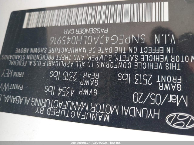 Hyundai SONATA SE 2020 5NPEG4JA0LH045916 Image 9