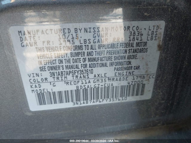 Nissan SENTRA SL 2015 3N1AB7AP6FY357610 Image 9