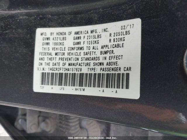 Honda ACCORD EX 2017 1HGCR2F73HA157628 Image 9