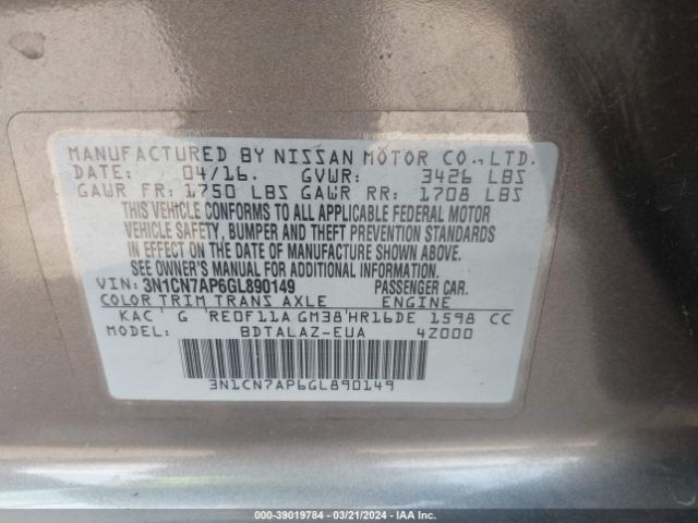 3N1CN7AP6GL890149 Nissan Versa 1.6 S+