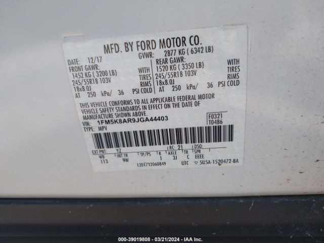 1FM5K8AR9JGA44403 Ford Police Interceptor Utility