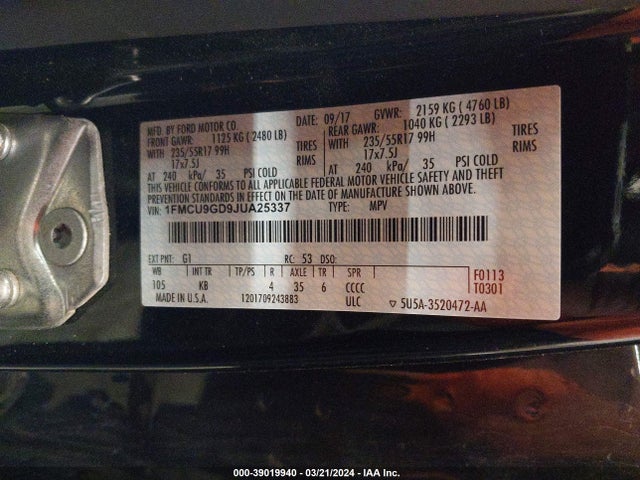 Ford ESCAPE SE 2018 1FMCU9GD9JUA25337 Image 9