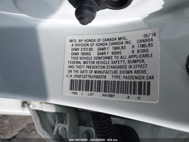 Honda CIVIC EX 2018 2HGFC2F76JH562078 Image 9