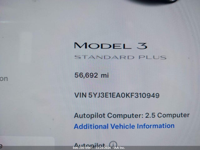 5YJ3E1EA0KF310949 Tesla Model 3 Long Range/mid Range/standard Range/standard Range Plus