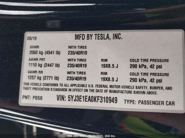 5YJ3E1EA0KF310949 Tesla Model 3 Long Range/mid Range/standard Range/standard Range Plus