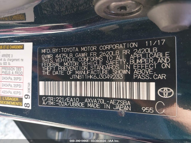 Toyota CAMRY SE 2018 JTNB11HK6J3049233 Image 9