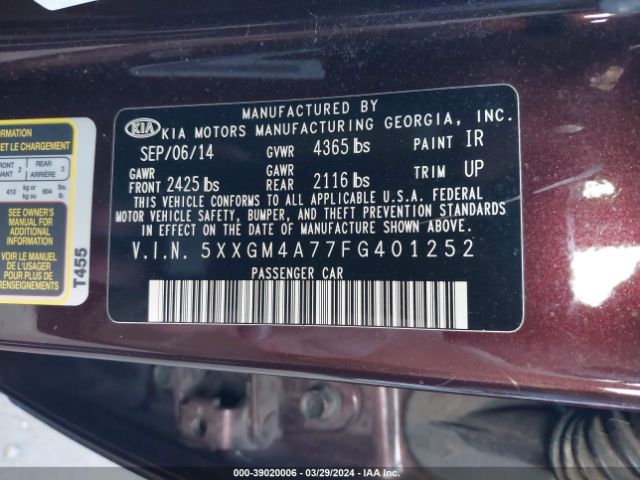 5XXGM4A77FG401252 KIA Optima Lx