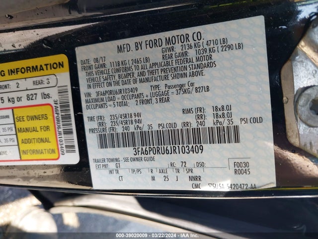 Ford Fusion Hybrid Titanium 2018 3FA6P0RU6JR103409 Image 9