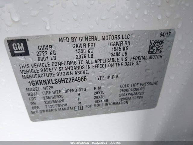 1GKKNXLS9HZ284966 GMC lgx - di: direct injection, vvt: variable valve timing, alum, gen 2