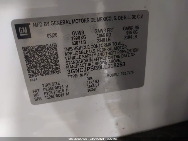 Chevrolet Trax Awd Lt 2020 3GNCJPSB9LL318263 Image 9