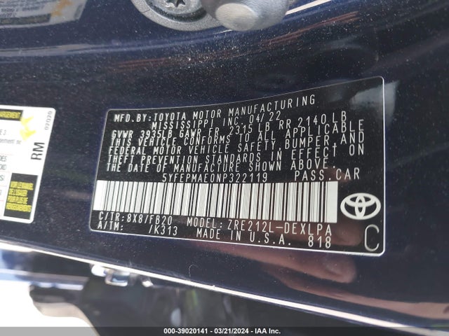 Toyota COROLLA LE 2022 5YFEPMAE0NP322119 Image 9
