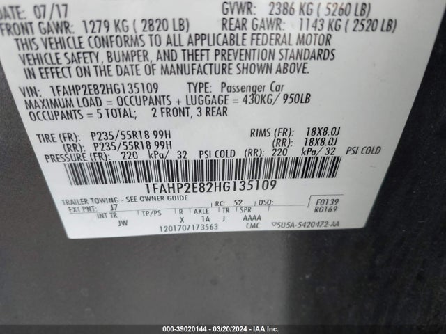 Ford TAURUS SEL 2017 1FAHP2E82HG135109 Image 9