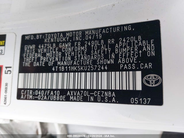 Toyota CAMRY LE 2019 4T1B11HK5KU257244 Image 9