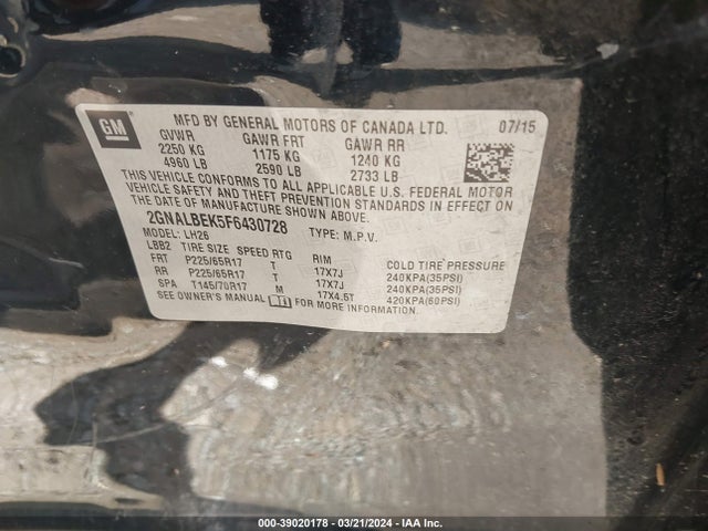 Chevrolet EQUINOX 1LT 2015 2GNALBEK5F6430728 Image 9