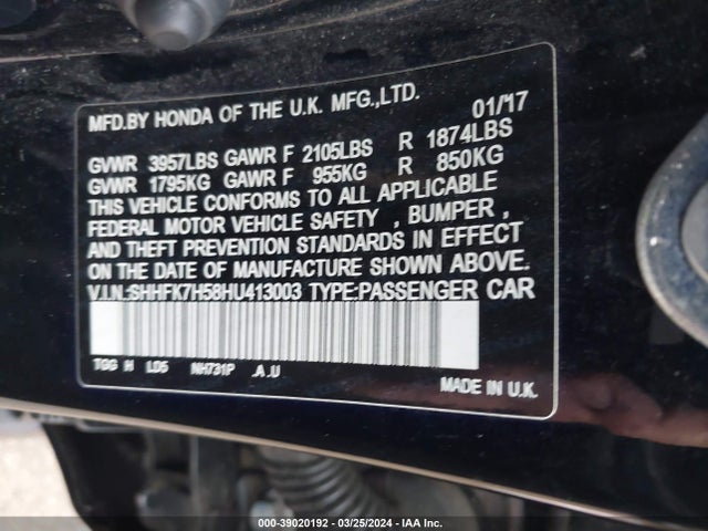 Honda CIVIC EX 2017 SHHFK7H58HU413003 Image 9