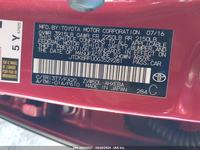 Toyota Prius Two 2016 JTDKBRFU0G3529281 Image 9
