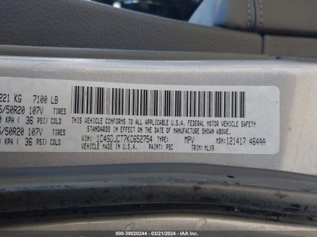 1C4SDJCT7KC652754 Dodge Durango R/t Awd
