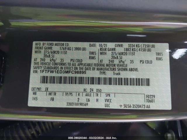 1FTFW1ED3MFC98895 Ford F-150 Xlt