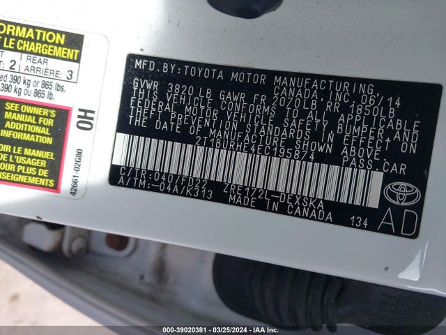 Toyota Corolla S Plus 2014 2T1BURHE4EC195874 Image 9