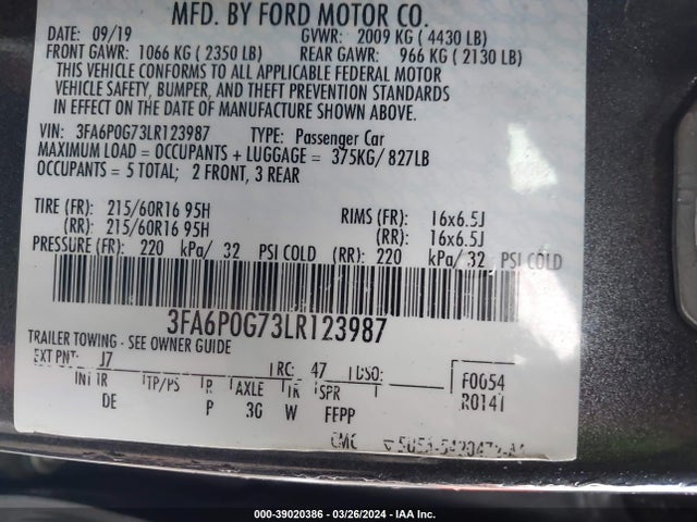 Ford FUSION S 2020 3FA6P0G73LR123987 Image 9