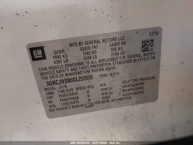 Chevrolet Trax 1ls 2016 3GNCJNSB6GL253835 Image 9