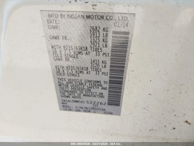 5N1AL0MM5EC522262 Infiniti QX60