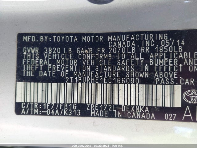 Toyota COROLLA LE 2014 2T1BURHE1EC166090 Image 9