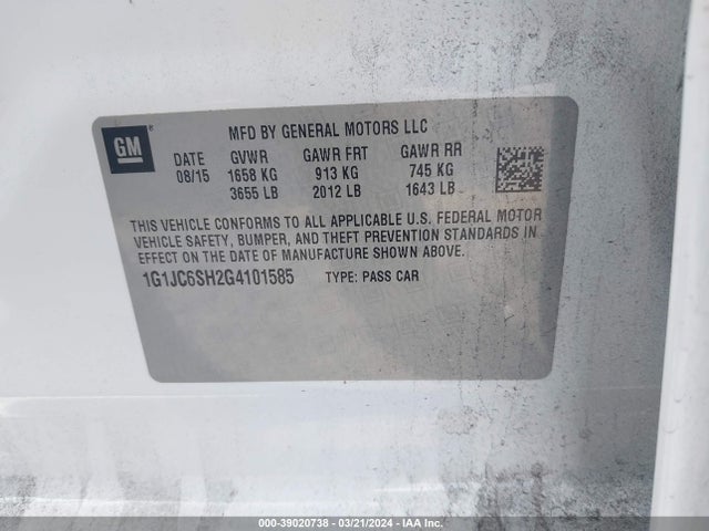 Chevrolet Sonic Lt Auto 2016 1G1JC6SH2G4101585 Image 9